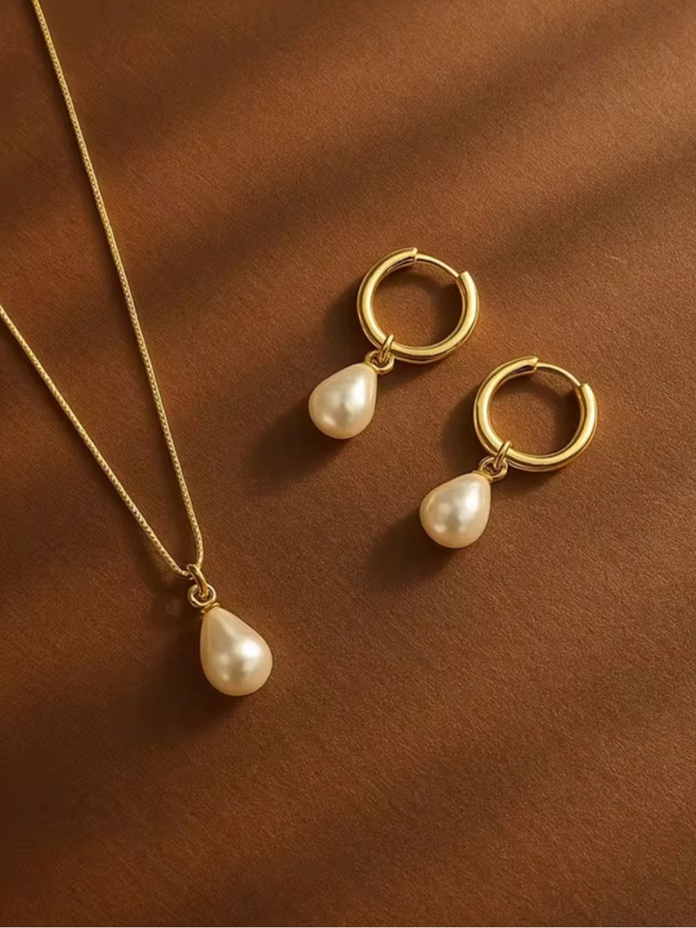 Gold Pearl Teardrop Necklace with Matching Hoop Pearl Earrings